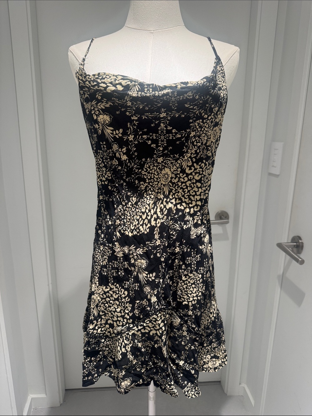 Free People Black and Cream Floral Slip Mini Dress